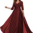 PUXIU 3/4 Sleeve Plus Size Mother of The Bride Dresses for Wedding Long Chiffon Lace V Neck Sequin Evening Formal Dress PUo176 10