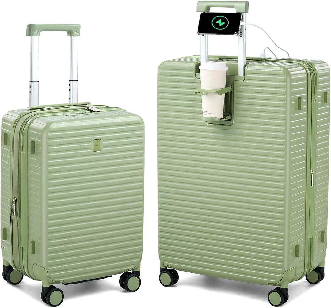HanTrip 20"/28" Expandable Hard Case Luggage Sets 2 Piece, Bamboo Green