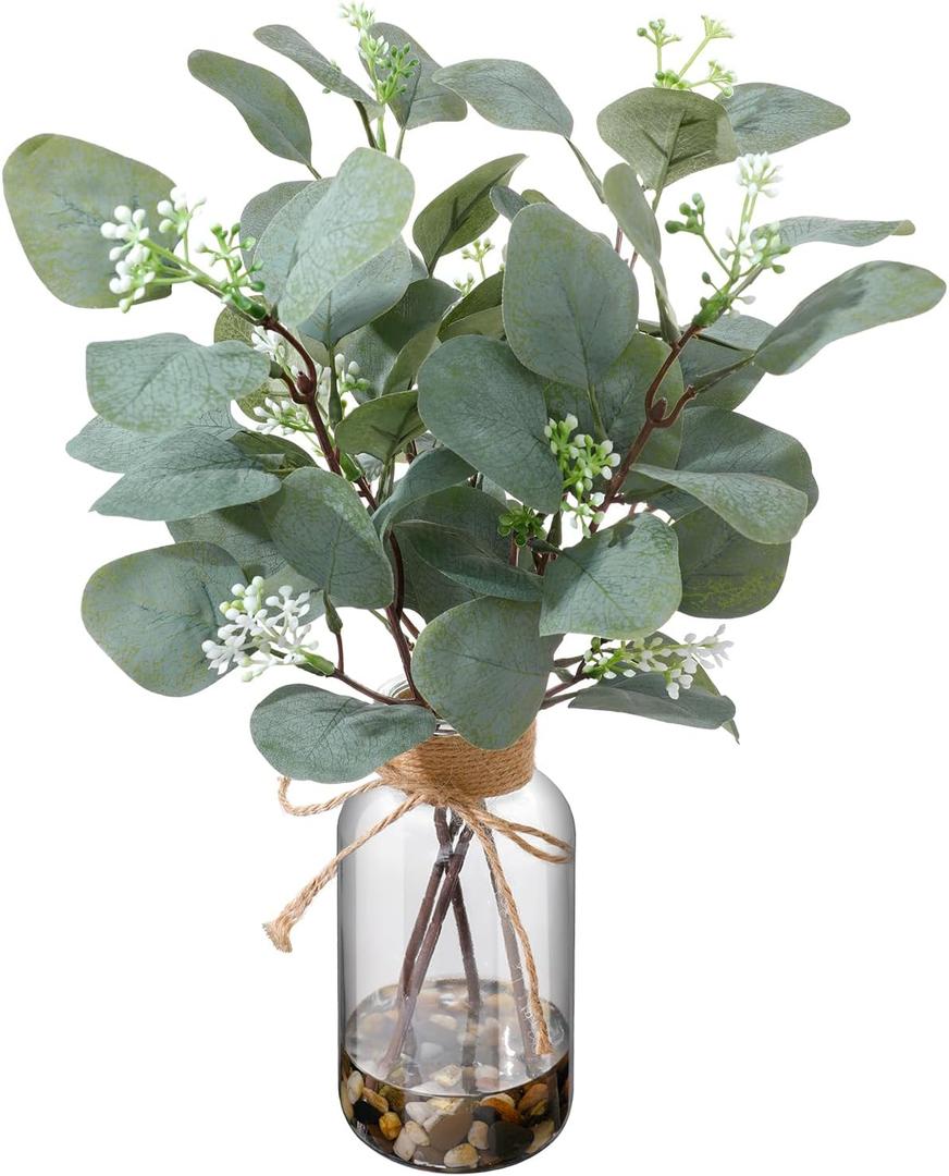 15.74” Artificial Eucalyptus Stems in Glass Vase with Faux Water & Natural Stones, Lifelike Fake Greenery for Modern Farmhouse Home Decor, Bathroom Decor, Office Desk Centerpiece