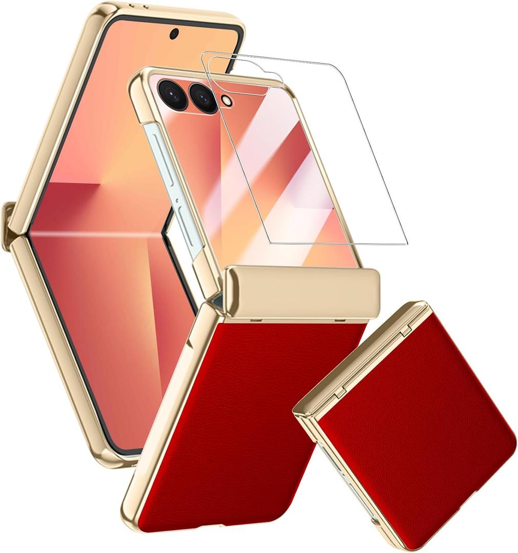 Samsung Galaxy Z Flip 7 Case Leather with Hinge Protection Cover, Premium PU Leather Case with Rear Screen Protector Scratch-Resistant Shockproof Full Body Slim Cover for Z Flip 7 Red