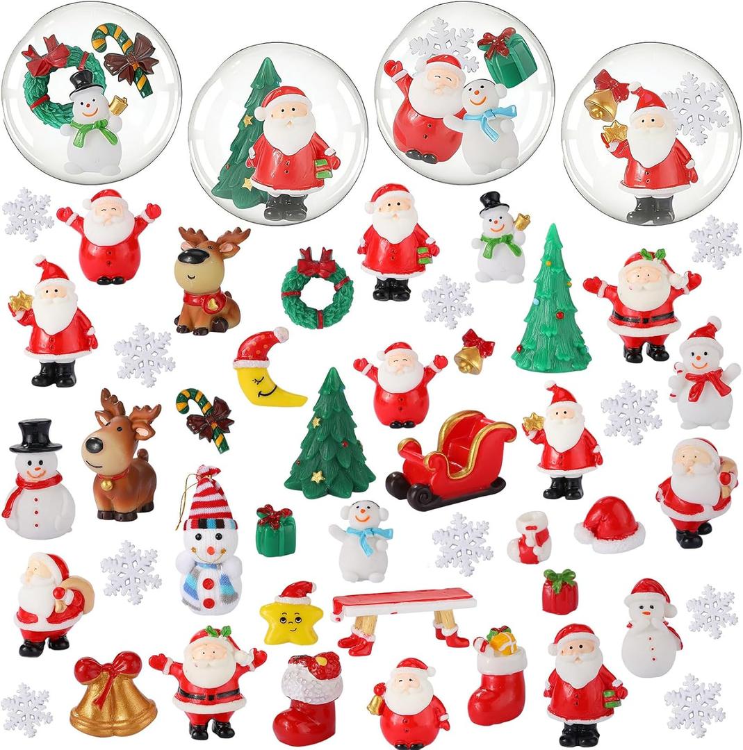 Skylety 40 Pieces Mini Resin Christmas Figurines for Snow Globe DIY Crafts Village Decorations - Small Xmas Santa Snowmen Miniature Ornaments Snowglobe Making Kit