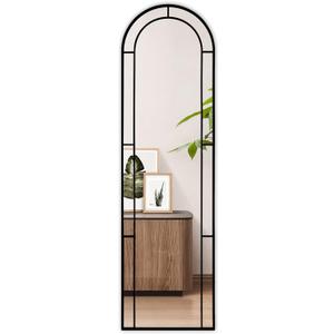 Muzilife Arched Full Length Window Mirror, 16x56 Windowpane Body Mirror with Metal Frame, Wall Mounted Hanging or Leaning for Door Bedroom, Living Room, Black, No Stand (Black Modern Style)