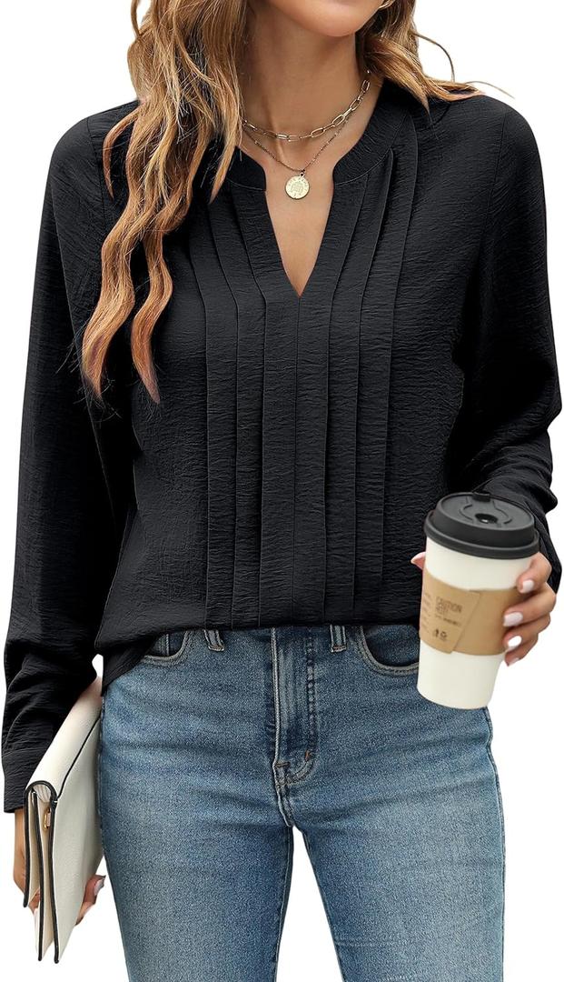 Blooming Jelly Women's Dressy Casual Blouses Business Work Tops Long Sleeve V Neck Pleated Shirts 2025 Fall Outfits (X-Large, Black)