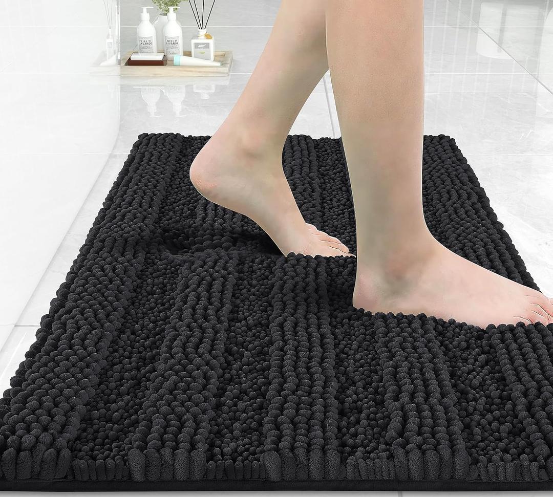 Yimobra Bathroom Rug Mat 24 x 17, Non Slip and Super Absorbent Bath Mat,Machine Washable Quick Dry,Ultra Plush Chenille Shower Rugs for Bathroom Floor Sink Tub and Shower Outside,Black