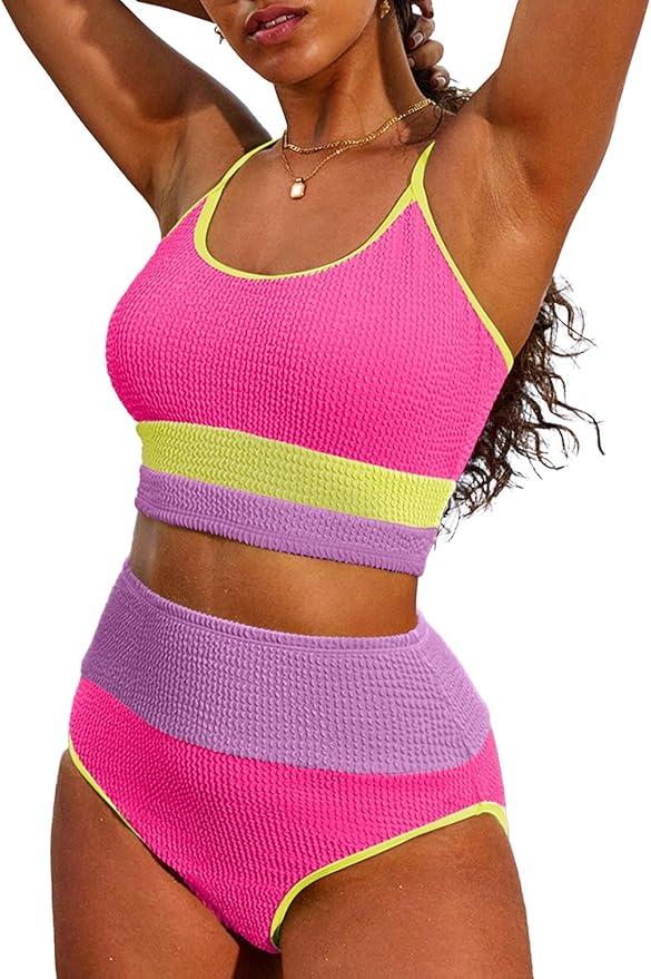 Herseas Womens High Waisted Bikini Set Color Block Ribbed Crop Top Sporty Swimsuits Tummy Control Two Piece Bathing Suits Rose Colorblock XX-Large