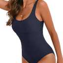 Cromi One Piece Bathing Suit for Women Tummy Control Swimsuit Scoop Neck Square Back Monokini (Large, 1_blue Dark)