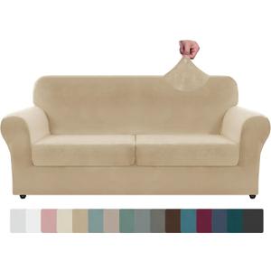 ZNSAYOTX Oversized Velvet 3 Piece Couch Cover with 2 Extra Large Seat Cushion Covers Stretch Sofa Cover for 2 Cushion Couch Thick Loveseat Sofa Slipcover for Living Room (Camel), 72"-92"(2 Cushions)