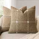 Foindtower Pack of 2 Decorative Faux Linen Jacquard Check Throw Pillow Covers Farmhouse Cushion Cover with Grid Textured Accent Pillowcase for Couch Sofa Living Room Home Decor,20×20 Inch,Tan Khaki