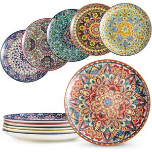Dinner Plates set of 6, 10.5 Inch Large Dessert Salad Plates for Pasta, Steak, Snacks, Colorful Porcelain Serving Dishes for Kitchen & Party, Morden Dinnerware - Bohemian Style
