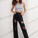 Genleck Women Loose Ripped Boyfriends Jeans High Waist Baggy Denim Pants Distressed Wide Leg Jeans Y2K (Black, XL)