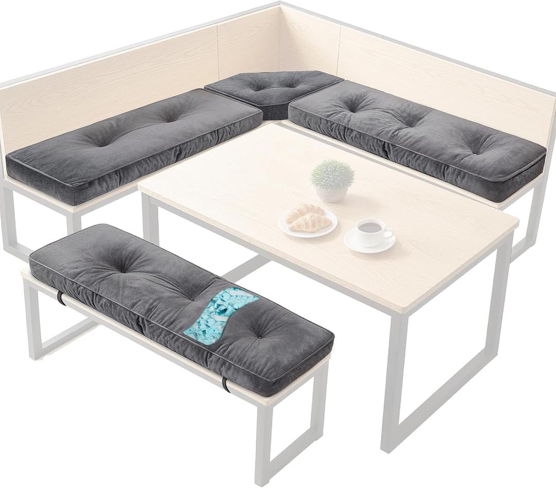4 Piece Breakfast Nook Cushions Kitchen Corner Nook Cushion Set Shredded Foam Support 3 inch Thick Bench Seat Cushion Pad for Dining(Gray)