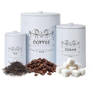 GarveeHome Country White Canisters Set of 3, Rustic Farmhouse Metal Containers with Airtight Lids, Kitchen Storage Canisters for Coffee, Sugar, Tea for Kitchen, Pantry Countertop