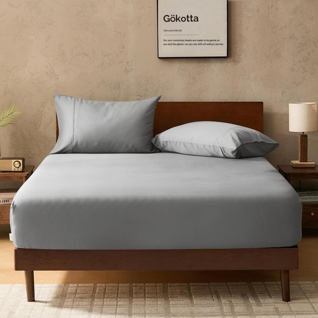 GOKOTTA Bamboo Rayon Sheet Queen Set - Super Soft Cooling with 4 Elastic Corner Straps, Pocket Fitted Sheet, Pillow Cases (Queen - 3 PCS (NO Flat Sheet), 03 Grey)