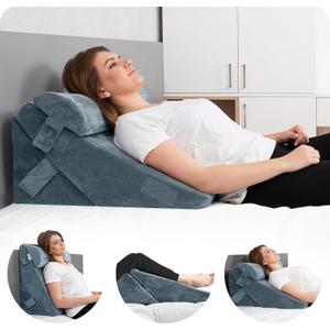 Lunix LX6 3-Piece Compact Support for Reading, Rest & Leg Elevation, Premium Odor-Free Orthopedic Bed Wedge Pillow Set, Memory Foam, Washable Cover, Stone Navy