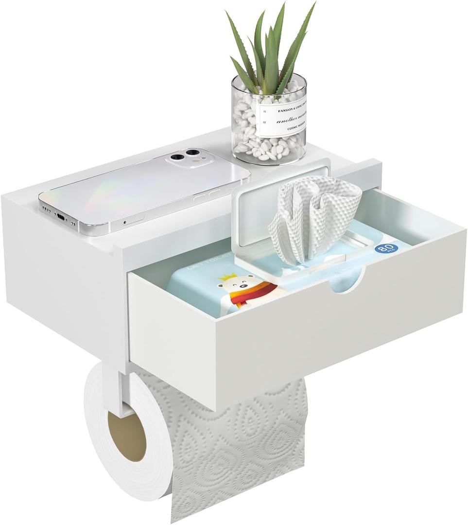 White Toilet Paper Holder with Shelf,Wall Mount/Adhesive Bathroom Toilet Paper Holder,Bamboo Wood Tissue Toilet Roll Holder with Storage Drawer for Organizer Wipes,Fits Any Room