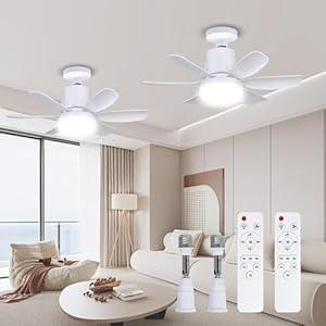 LANMEL 2 Pack Socket Fan Light and 360° Light Socket Extender, 18.5'' Socket Ceiling Fans with Remote, 3 Colors LED Light Bulb, Screw in Small Ceiling Fan for Bedroom Living Room Kitchen Garage, White