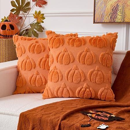 UGASA Fall Pumpkins Pillow Covers 20x20 Inch 2 Packs Soft Plush Faux Wool Fur Pillowcases Throw Pillows Autumn Halloween Home Decor for Couch Sofa Chair Bed, Orange