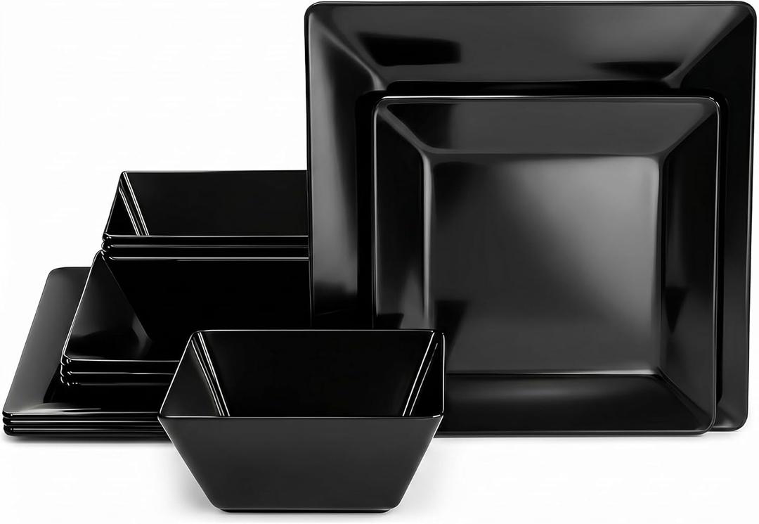 TP 12-Piece Melamine Dinnerware Sets, Plates and Bowls Dishes Set for 4, Break-Resistant & Non-Microwavable, Lightweight Square Dinner Plates, Black