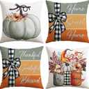 2 x Artscope Fall Decorative Throw Pillow Covers 20x20 Inch Set of 4 Fall Gifts for Home Decor, Autumn Pumpkin Sweet Home Thankful Grateful Blessed Outdoor Farmhouse Pillow Cases for Sofa Couch-Grey
