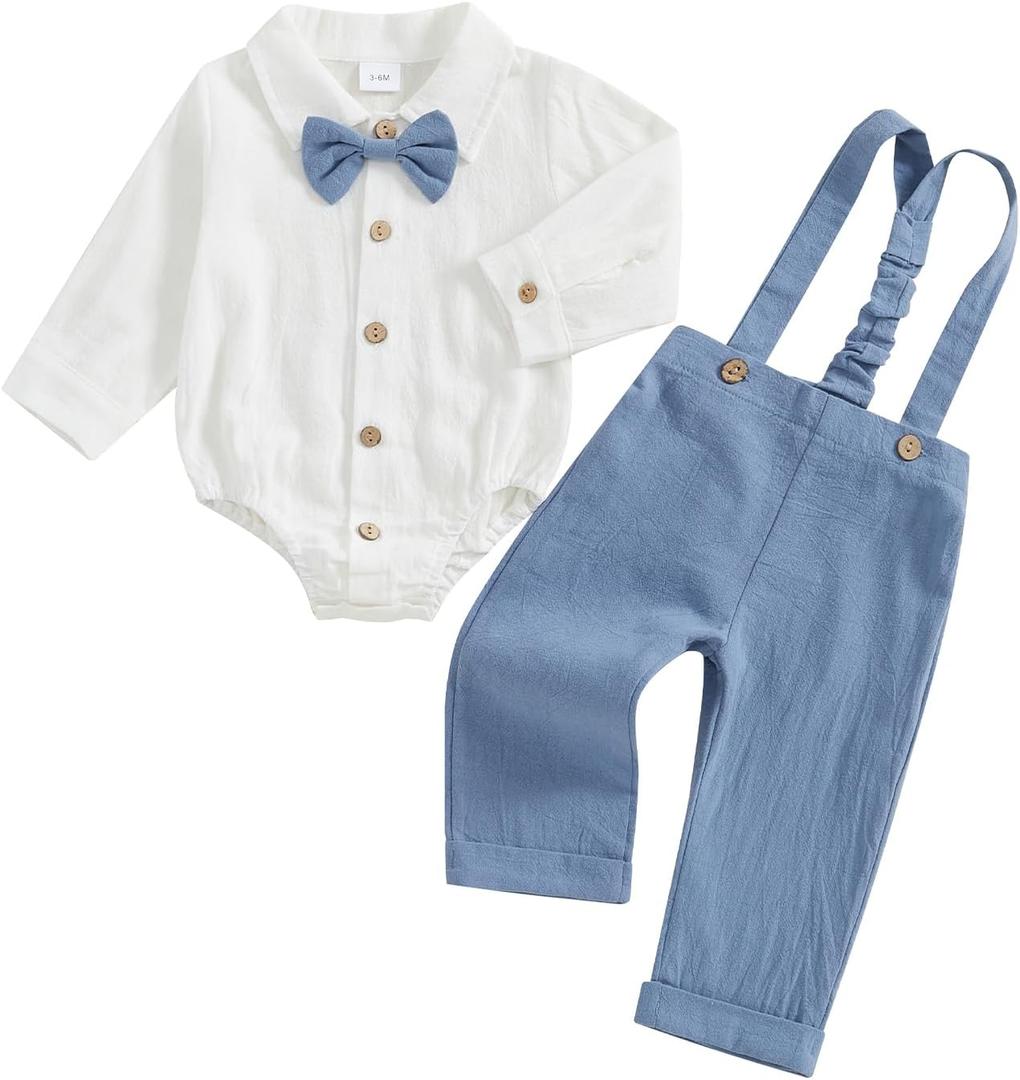Infant Baby Boys Gentleman Outfits Long Sleeve Bowtie Romper+Suspender Overalls Pants Set Wedding Set Formal (6-9 Months, Blue)