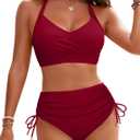 Blooming Jelly Womens High Waisted Bikini Sets Drawstring Tummy Control Swimsuits Crisscross Tie Back Bathing Suit (Small, Dark Red)