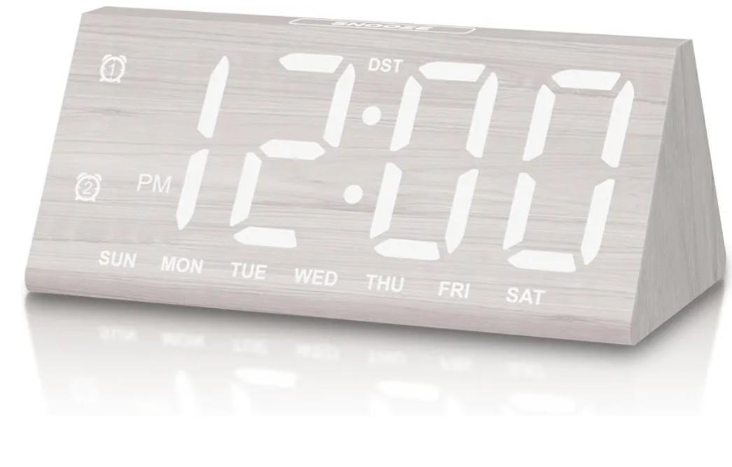 Digital Alarm Clock, with Wooden Electronic LED Time Display, 3 Alarm Settings, Humidity & Temperature Detect, Wood Made Electric Clocks for Bedroom, Bedside, Desk (White-Big Bold)