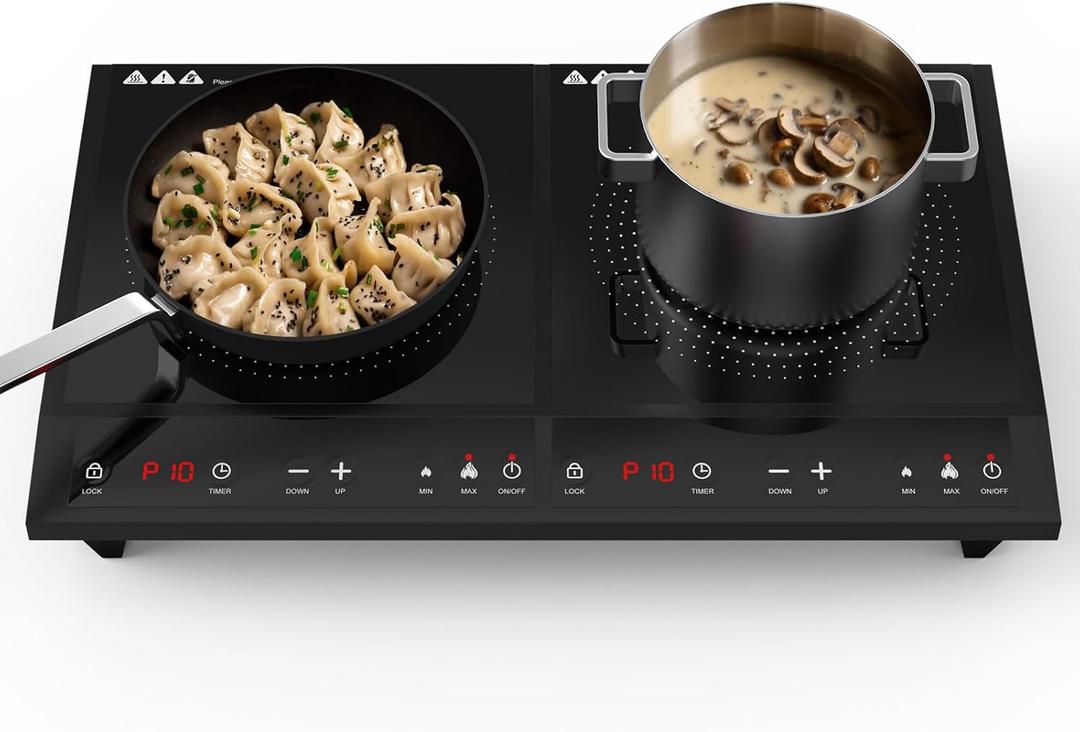 Double Induction Cooktop, Portable Induction Cooker with 2 Burner Independent Control, Ultrathin Body, 10 Temperature, 1800W-Multiple Power Levels, 3-Hour Timer, Safety Lock