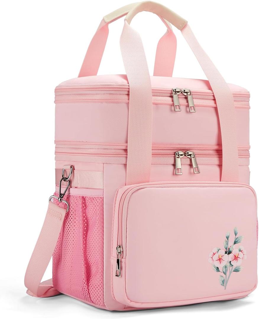 Large Lunch Bag Box for Women - Dual Compartment Waterproof Reusable Insulated Lunch Box for Women Wide-Open Tote Cooler Bag For Working Picnic Hiking (16L, Pink)