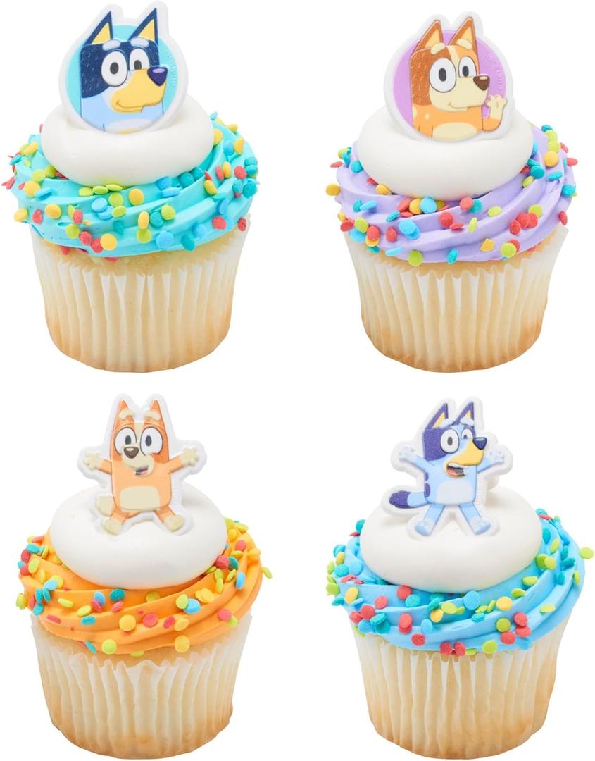 DecoPac Bluey So Much Fun Rings, 24 Cupcake Decorations Featuring Bluey, Bingo, Bandit, and Chilli, 3D Food Safe Cake Toppers  24 Pack
