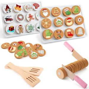 Soaoo 2 Sets Christmas Slice and Bake Wooden Cookie Play Food Set Gift for Kids Pretend Cookies and Baking Sheet Wooden Play Food Set Baking for Kids