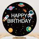 Leyiyi 7.2x7.2ft Cartoon Happy Birthday Round Backdrop Astronaut Universe Planet Space Photography Background Black Sky Round Backdrop Children Boys Birthday Carnival Party Photo Studio Props