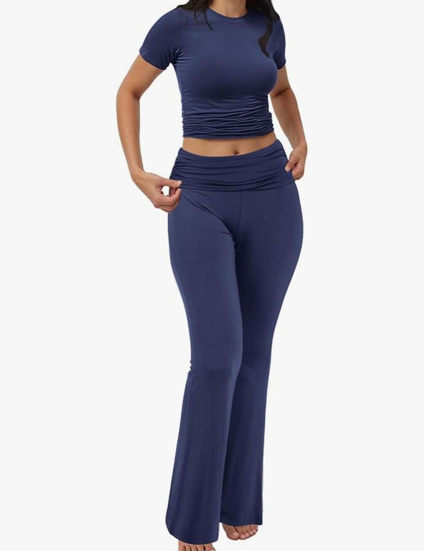 Motarto Women's 2 Piece Lounge Sets Short Sleeve Slim Fit Foldover Flare Pants Crop Top Casual Loungewear PJ Size M