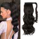 CJL HAIR 22" Long Ponytail Hair Extension Wrap Around Pony Tail Clip in Curly Wavy Synthetic Fake Hairpiece for Women Black Brown