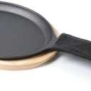 HAWOK Cast Iron Fajita Plate Sizzler Pan Set with Bamboo Tray and Handle Holder, Set of 4, Pre-seasoned Cast Iron Skillet with Bamboo Base and Handle Cover