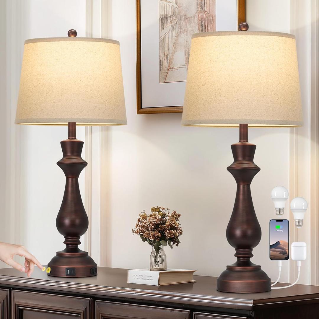 Cinkeda Touch Lamps for Night Stands Set of 2-29.5" Tall Bedside Lamp with USB C+A, 3 Way Dimmable Bedroom Lamps, Vintage Brown Table Lamps for Living Room