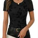 ZESICA Women's Floral Mesh Sheer Short Sleeve Tops 2026 Summer Business Casual Shirts Spring Fashion Clothes Black, S