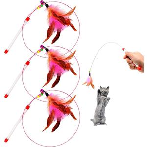 MAIYU Cat Feather Wand Toy - 3 Pack Steel Wire Feather Interactive Cat Stick Training - Beads Bells Kitten Wand Toys Pet Teaser