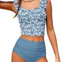 Girls Tankini Swimsuit 2 Piece Bathing Suit Twist Cross Back Cutout Swim Tank Top Floral Print Swimwear for 13-14Y