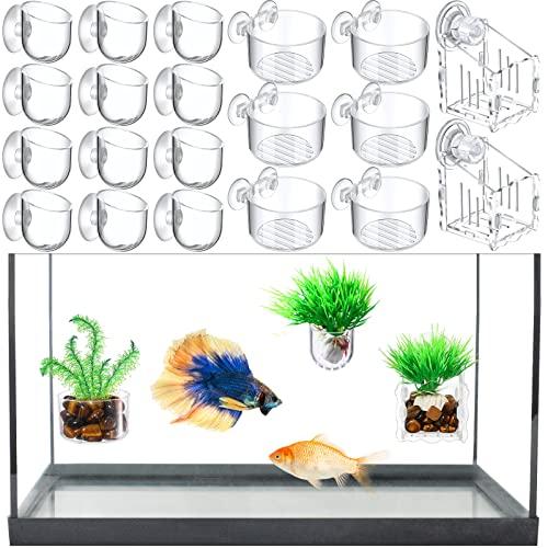 Potchen 20 Pcs Aquatic Plant Cups with Hole Transparent Acrylic Plant Pot with Suction Cups Aquarium Aquatic Planter Aquarium Holder Fish Tank Aquascape Decoration, 3 Shapes