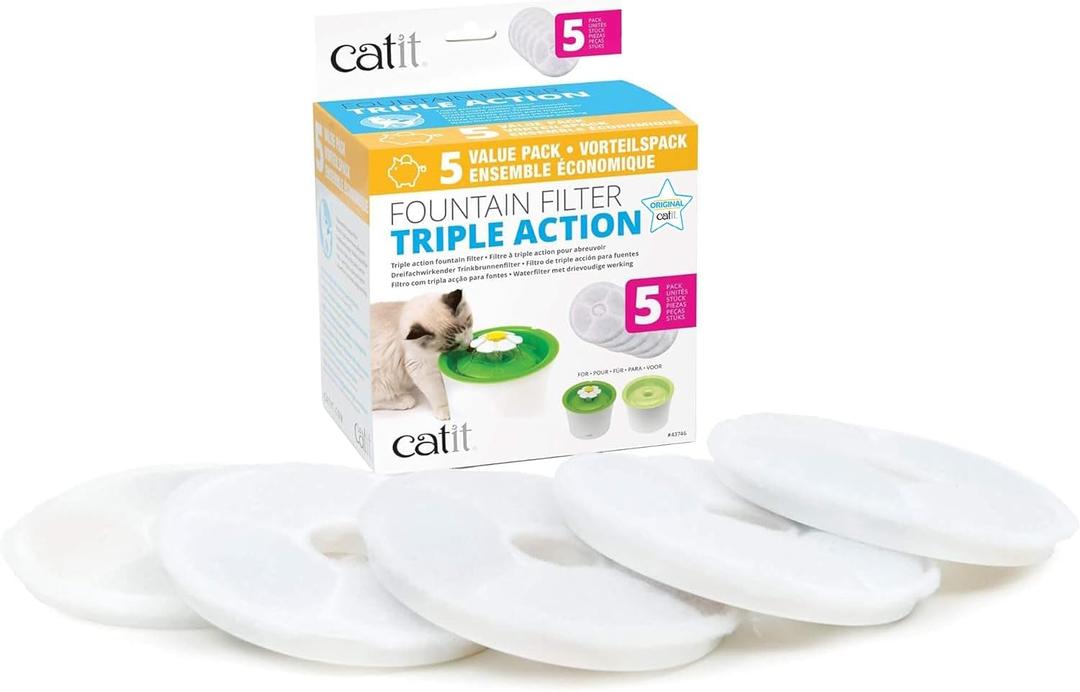 Catit Triple Action Replacement Original Water Fountain Filters, 5 Pack  Official Replacement Filters for Catit Cat Drinking Water Fountains