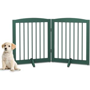 PUPETPO Freestanding Pet Gate for Dogs, Foldable Wooden Dog Gate for House, Stairs, Doorways, Step Over Pet Puppy Safety Fence,Support Feet Included,24" Height 2 Panels, Green