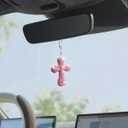 Bling Car Hanging Ornament, Double-Sided Cross Crystal Rhinestone Vehicle Rear View Mirror Charm, Cute Diamond Rearview Mirror Pendant, Universal Auto Interior Accessories (Pink)