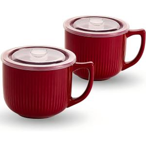 2 x Ceramic Soup Bowl with Handle 32oz Microwave Ramen Bowl with Lid, Soup Mugs & Cups for Cereal, Oatmeal, Ramen, Instant Noodle, Soup Container with Lid - Set of 2 (Red)