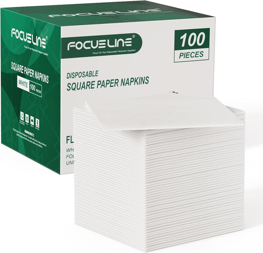 FOCUSLINE 100 Count Linen-Feel Disposable Cocktail Napkins, Soft and Absorbent Bulk Party Beverage Napkins Paper for Bar, Restaurant, Wedding, Dinner or Events, White
