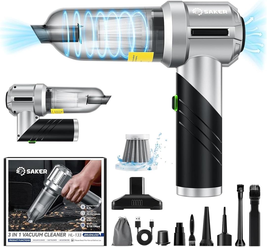 Saker Portable Handheld Vacuum Cordless Portable 17000PA Foldable Car Vacuum Cleaner Mini Dust Blower with Brushless Motor for Office Pet and Home Cleaning HL133 (Black)