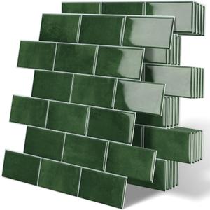 Thick Green Peel and Stick Backsplash Subway Tile 3D Brick Self Adhesvie Wall Tiles for Kitchen Bathroom (10-Sheet, 12"12")