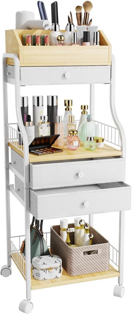 HapiRm Floor Makeup Organizer Storage - Vanity Skincare Make Up Organizers and Storage with Drawers, Cosmetics Display Cases Holder for Skin Care Nail Polish Perfume Makeup Brush (3 Tier, Natural)