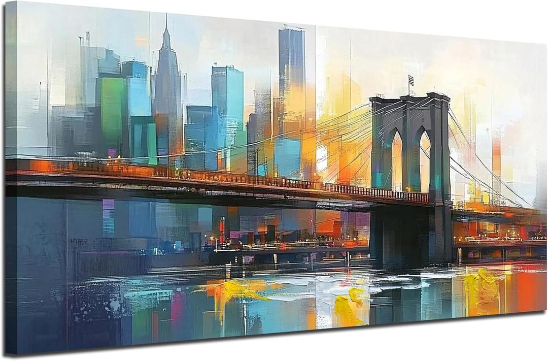 Arjun Cityscape Wall Art New York City Canvas for Living Room Painting Brooklyn Bridge Manhattan Bedroom Wall Art for Men Modern Blue Picture Grey Artwork Large Framed Home Office Wall Decor 40"x20"