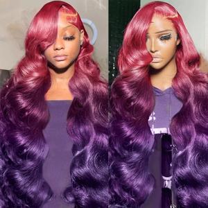 Dark Purple Ombre Lace Front Wig Human Hair Body Wave Burgundy Ombre 13x4 HD Glueless Lace Front Wigs 3 Tone Pink to Red and Purple Colored for Fashion Women 180% Density 18 Inch