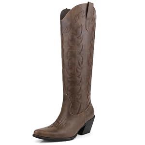 DANAZANA Knee High Cowgirl Boots For Women Wide Calf Tall Western Embroidered Cowboy Boots With Side Half Zip 9